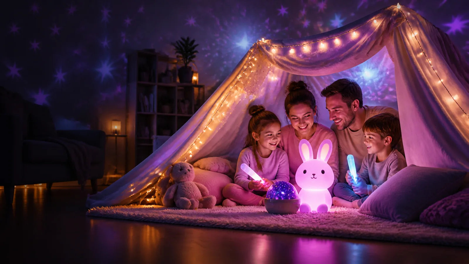 Family enjoying magical light-up toys